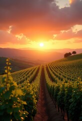 Fototapeta premium vineyard rows golden sunset sky landscape grapevine field serene countryside ample harvest scenic view, plantation, vegetation, terrain, horizon, nature, flora