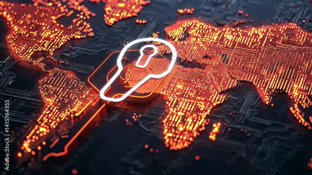 Poster global data security symbolized by key icon with digital processing overlay on world map, key icon a