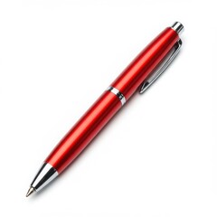 A shiny red pen with silver accents laying diagonally on a white surface in a studio setting