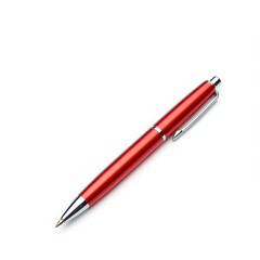 A shiny red pen with a silver clip lying diagonally on a clean white surface in a studio shot