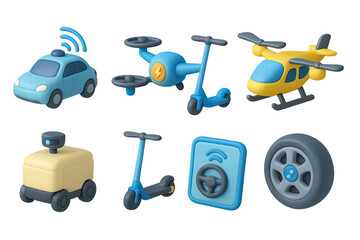 Fototapeta premium 3D icon set of AI technology: humanoid robot, machine learning algorithms, neural network, voice assistant, AI chip, chatbots, digital assistant, self-driving car. 3d icon. Isolated