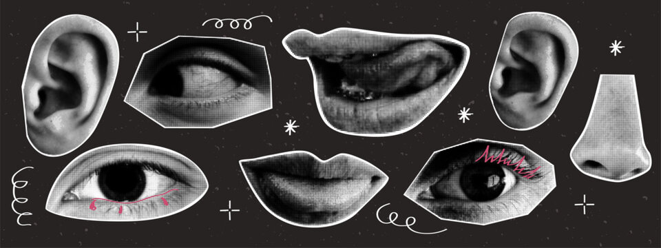 Eyes, lips and ear with naive doodle elements. Retro halftone effect. Y2K collage design. Contemporary vector illustration.