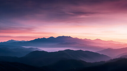 Fototapeta premium A serene sunset scene over distant mountain peaks, with soft pastel colors blending in the sky.
