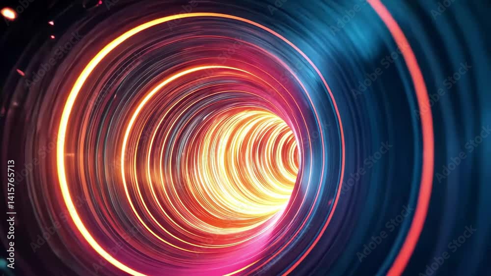 Poster Neon digital tunnel with vibrant shapes moving in a dynamic display of light, neon digital tunnel over shapes moving