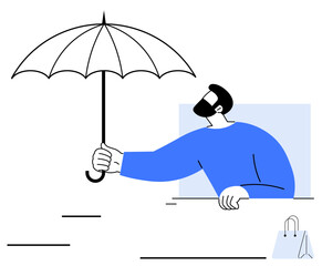 Person in blue top holding umbrella over a surface with shopping bag, depicting shelter, protection, support, and security. Ideal for insurance, safety, coverage, business weather help concepts