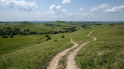 Naklejka premium Winding dirt road through lush green grassland under partly cloudy sky