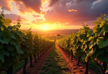 Naklejka premium stunning vineyard rows ripe grapes sunset landscape lush farm fields nature scenic view, harvest, orchard, plantation, leaf, fruit, agriculture, soil, sky