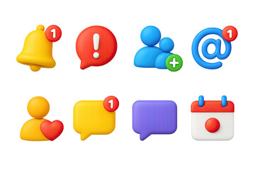 3D icon set of social notifications: notification bell, alert bubble, friend request, mention ping, new follower icon, comment alert, message dot, event reminder.