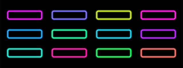 Neon glowing action buttons with smooth corners. Vector set for user interface design