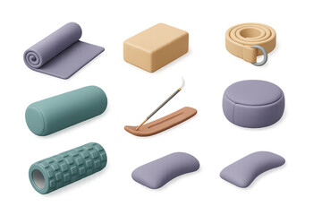 Yoga equipment icons set: 3d style representation of essential fitness gear