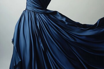 Elegant navy blue silk gown, flowing fabric, draped design, sophisticated style.