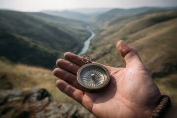 A weathered hand holds a compass, with a scenic view of the mountains and landscape.