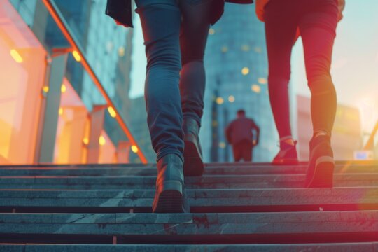 Business people climb the stairs of the city stairs