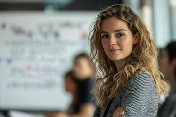 Confident young woman engaging in a collaborative discussion with colleagues in a modern office setting during a brainstorming session for a new project