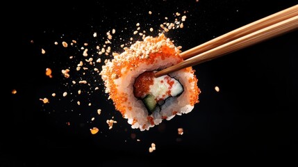 Flying Tempura Sushi Roll with Chopsticks in Action
