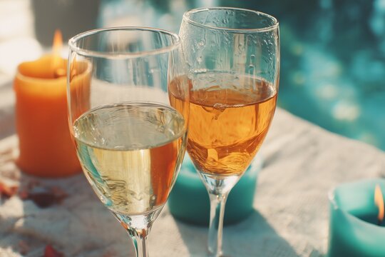 Two wine glasses beside lit candles on a sunlit poolside table, perfect for romantic outdoor relaxation.