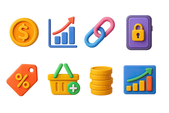 3D icon set of monetization features: dollar icon, earning graph, affiliate link, paywall screen, promo deal, in-app purchase, coin stack, revenue chart.