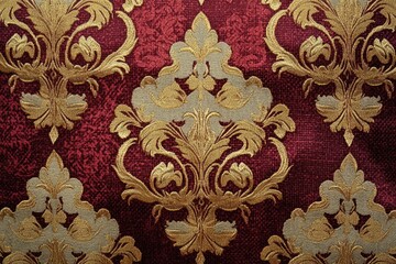 Ornate gold and burgundy damask fabric with intricate floral patterns, luxurious texture.