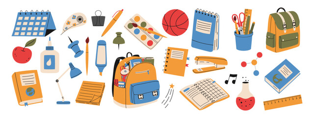 Set of school stationery. Calendar, backpack, glue, books, ruler, pencil, pen, lamp, pencil case, eraser, ball, paper clip. Hand drawn illustration.