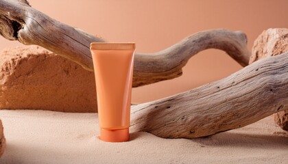 a close-up shot of a skincare cream tube in a warm desert setting, showcasing beauty and natural elements. The skincare tube has a subtle design, evoking a sense of tranquility