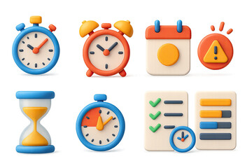 Obraz premium 3D icon set of project deadlines: stopwatch, alarm clock, calendar page, urgency icon, hourglass, timer dial, checklist with time, project tracker.