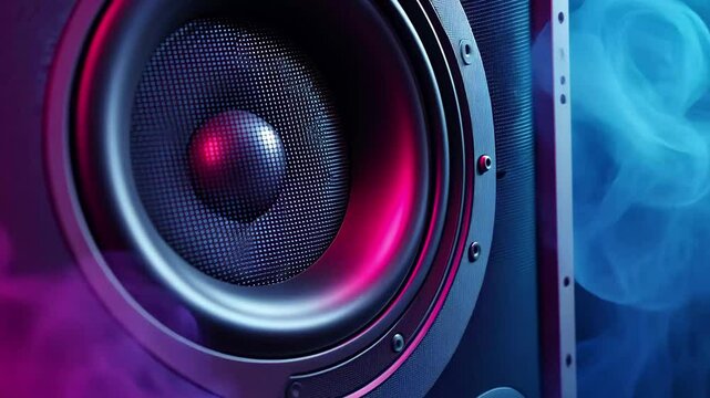 Close up of a subwoofer speaker vibrating with dynamic sound in colorful smoke effects, CLOSE UP moving sub-woofer music speakers vibrating membrane