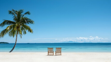 Fototapeta premium Tropical Beach Scene With Palm Tree And Beach Chairs