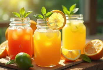 freshly squeezed citrus juice glass jars vibrant colors refreshing beverage natural ingredients, lemon, lime, grapefruit, drink, refreshment, fruit, summer