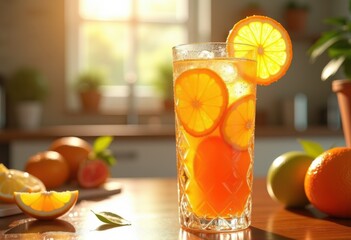 Fototapeta premium freshly squeezed citrus juice served vibrant glass colorful fruit garnish refreshing beverage, splash, orange, lemon, lime, drink, cocktail, sliced, liquid