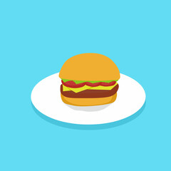 A colorful flat vector illustration of a delicious hamburger served on a white plate with a vibrant blue background.Perfect for food-themed projects, restaurant menus, culinary blogs, fast food brandi