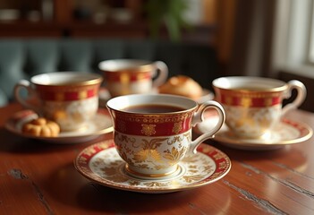 symmetrical tea coffee cup arrangement elegant design perfectly organized warm colors textures stylish presentation, furniture, tableware, home, deco