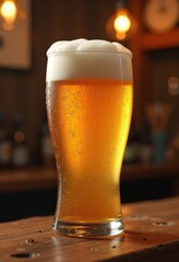 frosted beer glass refreshing beverage wooden bar top rustic atmosphere chill drink foam texture, cold, craft, mug, pub, cheers, social, ice, restaurant, table