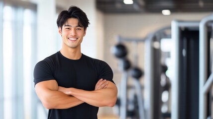 日本人 男性 アジア人 ムキムキ 筋肉 パーソナル トレーナー スマイル ジム バストショット 黒 灰色 白 背景