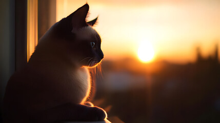 A Siamese cat sitting on the windowsill, staring out at the sunset as the sky transitions into twilight.