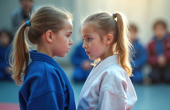 Two young judo girls face before match. Little judokas wear white, blue judo kimonos, tied belts. Kids practice martial arts in sport class. Concept of childhood, discipline, focus, self-defense
