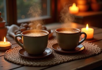 two steaming mugs textured placemats cozy drink warmth rustic vibes home comfort, beverage, ceramic, vintage, tableware, decor, relaxation, aesthetic, wood