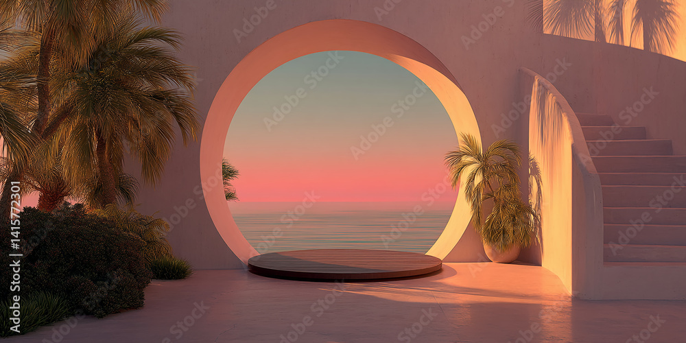 Poster circular wooden podium in minimalist architecture, showcasing ocean sunset view through arched openi