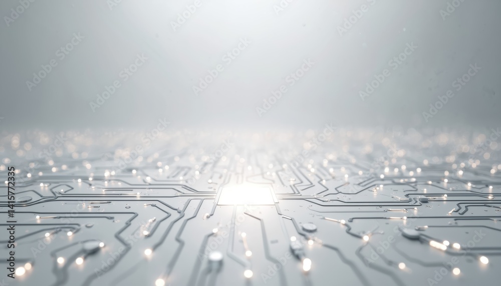Poster futuristic grey tech background resembling processor board with light effects. abstract tech design 