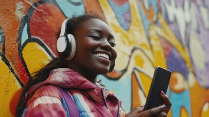 Happy african woman listening to music with smartphone, black girl smiles in headphones holds phone