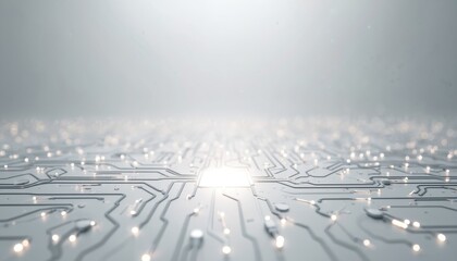 Futuristic grey tech background resembling processor board with light effects. Abstract tech design with processor, circuit board lines, data transfer, connection concept for computer tech, AI,
