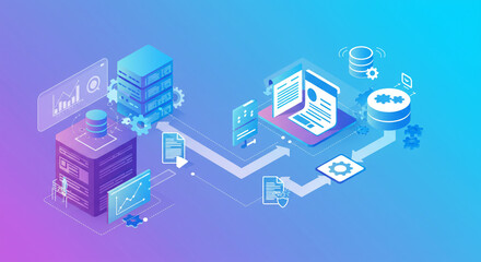 Fototapeta premium Efficient Data Workflow Secure Server Document Management System vibrant isometric design