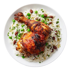 Jerk Chicken Leg with Rice and Peas on White Plate