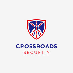 Crossroads combination with shield security logo design template