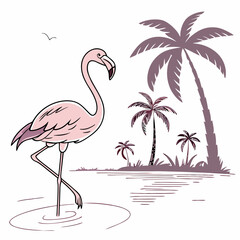 Flamingo Standing in Water with Palm Tree Shadows