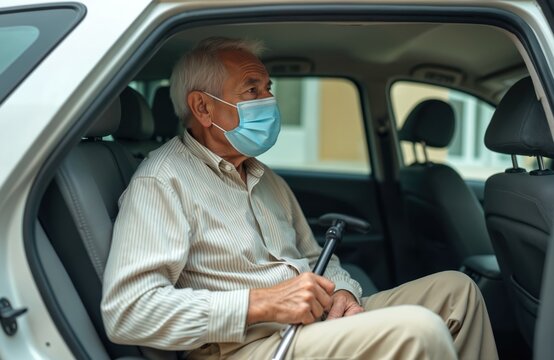 Senior man wearing mask in taxi. Mature male with walking cane travels during pandemic. Elderly person with medical face protection inside vehicle. Safety travel, health care concept.