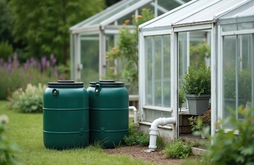 Obraz premium Green water butts outside a greenhouse. Water collection system, eco-friendly. Environmentally conscious approach to water storage, sustainable gardening, eco concept for allotment, home.