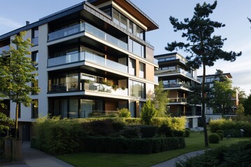 Fototapeta premium Modern apartment complex with lush landscaping