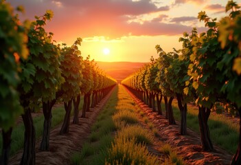 Fototapeta premium lush botanical vines draped among vineyard rows bathed glowing sunset light, grape, landscape, field, farm, nature, sky, cloud, leaves, horizon