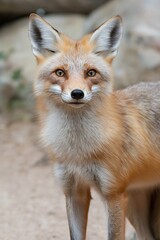 Fototapeta premium A fox is standing in front of a rock, looking at the camera. The fox has a white face and a brown body