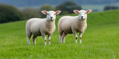 Obraz premium Two sheep standing in a grassy field. The sheep are white and are looking at the camera